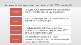 Industrialisation
Equilibre
Adhésion
Amélioration
continue
L’industrialisation est un prérequis pour
traduire sans douleur les exigences de 27001
dans une organisation Agile
ISO 27001 ne doit pas être une contrainte mais doit
apporter de la qualité à Agile
Sensibiliser tous les acteurs à la sécurité
Faire adhérer tous les acteurs à la démarche Agile
S’approprier les démarches
Le cycle PDCA est fondamental dans les deux
univers. C’est le pilier de la cohabitation.
Conclusion
Les ingrédients indispensables pour dissoudre ISO 27001 dans l’Agilité
 