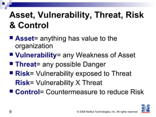 9 © 2008 NetSol Technologies, Inc. All rights reserved
 Asset= anything has value to the
organization
 Vulnerability= any Weakness of Asset
 Threat= any possible Danger
 Risk= Vulnerability exposed to Threat
Risk= Vulnerability X Threat
 Control= Countermeasure to reduce Risk
Asset, Vulnerability, Threat, Risk
& Control
 
