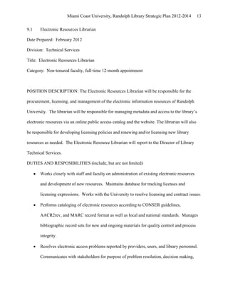Miami Coast University, Randolph Library Strategic Plan 2012-2014            13


9.1    Electronic Resources Librarian

Date Prepared: February 2012

Division: Technical Services

Title: Electronic Resources Librarian

Category: Non-tenured faculty, full-time 12-month appointment



POSITION DESCRIPTION: The Electronic Resources Librarian will be responsible for the

procurement, licensing, and management of the electronic information resources of Randolph

University. The librarian will be responsible for managing metadata and access to the library’s

electronic resources via an online public access catalog and the website. The librarian will also

be responsible for developing licensing policies and renewing and/or licensing new library

resources as needed. The Electronic Resource Librarian will report to the Director of Library

Technical Services.

DUTIES AND RESPOSIBILITIES (include, but are not limited)

       Works closely with staff and faculty on administration of existing electronic resources

       and development of new resources. Maintains database for tracking licenses and

       licensing expressions. Works with the University to resolve licensing and contract issues.

       Performs cataloging of electronic resources according to CONSER guidelines,

       AACR2rev, and MARC record format as well as local and national standards. Manages

       bibliographic record sets for new and ongoing materials for quality control and process

       integrity.

       Resolves electronic access problems reported by providers, users, and library personnel.

       Communicates with stakeholders for purpose of problem resolution, decision making,
 