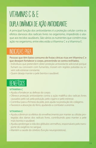 11
VitaminasCE
dupladinâmicadeaçãoantioxidante
A principal função dos antioxidantes é a proteção celular contra os
efeitos danosos dos radicais livres no organismo, impedindo o ata-
que aos tecidos saudáveis. São vários os nutrientes que contêm essa
ação no organismo, entre eles estão a Vitamina C e a Vitamina E.
BENEFÍCIOS
VITAMINA C
• Ajuda a fortalecer as defesas do corpo.
• Oferece proteção antioxidante contra a ação maléfica dos radicais livres
causados pelo sol, pela poluição, pelo cigarro e pelo estresse.
• Contribui para a firmeza da pele, pois ajuda na produção do colágeno.
• Favorece a absorção do ferro, ajudando a combater a anemia.
VITAMINA E
• Ajuda a diminuir os efeitos do envelhecimento por manter as células pro-
tegidas dos danos dos radicais livres, contribuindo para manter a pele
mais bonita e saudável.
• Ajuda a prolongar a vida dos glóbulos vermelhos, responsáveis pelo trans-
porte do oxigênio no sangue.
• Mantém a saúde do cérebro (função neuroprotetora).
INDICADASPARA
Pessoas que têm baixo consumo de frutas cítricas ricas em Vitamina C e
que desejam fortalecer o corpo, prevenindo-se contra resfriados.
• Indivíduos que pretendem obter proteção antioxidante adicional porque
fumam ou convivem com fumantes, moram em regiões poluídas ou vi-
vem sob estresse constante.
• Quem deseja manter a pele bonita e saudável.
 