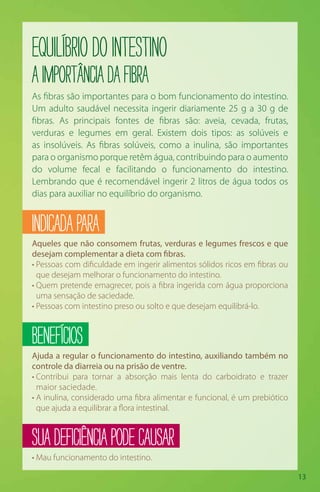 13
EquilíbriodoIntestino
AimportânciadaFibra
As fibras são importantes para o bom funcionamento do intestino.
Um adulto saudável necessita ingerir diariamente 25 g a 30 g de
fibras. As principais fontes de fibras são: aveia, cevada, frutas,
verduras e legumes em geral. Existem dois tipos: as solúveis e
as insolúveis. As fibras solúveis, como a inulina, são importantes
para o organismo porque retêm água, contribuindo para o aumento
do volume fecal e facilitando o funcionamento do intestino.
Lembrando que é recomendável ingerir 2 litros de água todos os
dias para auxiliar no equilíbrio do organismo.
INDICADAPARA
Aqueles que não consomem frutas, verduras e legumes frescos e que
desejam complementar a dieta com fibras.
• Pessoas com dificuldade em ingerir alimentos sólidos ricos em fibras ou
que desejam melhorar o funcionamento do intestino.
• Quem pretende emagrecer, pois a fibra ingerida com água proporciona
uma sensação de saciedade.
• Pessoas com intestino preso ou solto e que desejam equilibrá-lo.
BENEFÍCIOS
Ajuda a regular o funcionamento do intestino, auxiliando também no
controle da diarreia ou na prisão de ventre.
• Contribui para tornar a absorção mais lenta do carboidrato e trazer
maior saciedade.
• A inulina, considerado uma fibra alimentar e funcional, é um prebiótico
que ajuda a equilibrar a flora intestinal.
SUADEFICIÊNCIAPODECAUSAR
• Mau funcionamento do intestino.
 