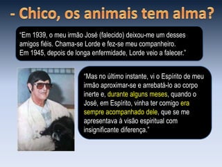 “Em 1939, o meu irmão José (falecido) deixou-me um desses
amigos fiéis. Chama-se Lorde e fez-se meu companheiro.
Em 1945, depois de longa enfermidade, Lorde veio a falecer.”
“Mas no último instante, vi o Espírito de meu
irmão aproximar-se e arrebatá-lo ao corpo
inerte e, durante alguns meses, quando o
José, em Espírito, vinha ter comigo era
sempre acompanhado dele, que se me
apresentava à visão espiritual com
insignificante diferença.”
 