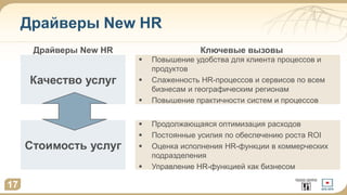 Драйверы New HR
Качество услуг
 Повышение удобства для клиента процессов и
продуктов
 Слаженность HR-процессов и сервисов по всем
бизнесам и географическим регионам
 Повышение практичности систем и процессов
Стоимость услуг
 Продолжающаяся оптимизация расходов
 Постоянные усилия по обеспечению роста ROI
 Оценка исполнения HR-функции в коммерческих
подразделения
 Управление HR-функцией как бизнесом
Драйверы New HR Ключевые вызовы
17
 