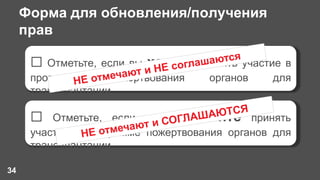 Форма для обновления/получения
прав
34
 Отметьте, если вы хотите принять участие в
программе пожертвования органов для
трансплантации
 Отметьте, если вы не хотите принять
участие в программе пожертвования органов для
трансплантации
 