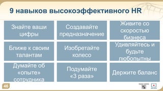 9 навыков высокоэффективного HR
46
Знайте ваши
цифры
Ближе к своим
талантам
Думайте об
«опыте»
сотрудника
Создавайте
предназначение
Изобретайте
колесо
Подумайте
«3 раза»
Живите со
скоростью
бизнеса
Удивляйтесь и
будьте
любопытны
Держите баланс
 