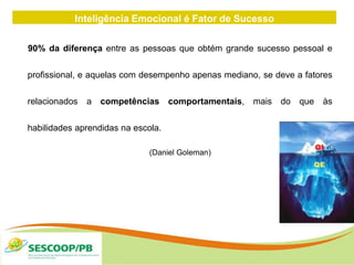 Inteligência Emocional é Fator de Sucesso
90% da diferença entre as pessoas que obtém grande sucesso pessoal e
profissional, e aquelas com desempenho apenas mediano, se deve a fatores
relacionados a competências comportamentais, mais do que às
habilidades aprendidas na escola.
(Daniel Goleman)
 