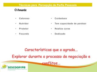Técnicas para Percepção de Perfis Pessoais
ZONA
DE
• Caloroso
• Nutridor
• Protetor
• Fecundo
• Cuidadoso
• Tem capacidade de perdoar
• Realiza curas
• Dedicado
O Amante
Características que o agrada...
Explorar durante o processo de negociação e
conflitos...
 