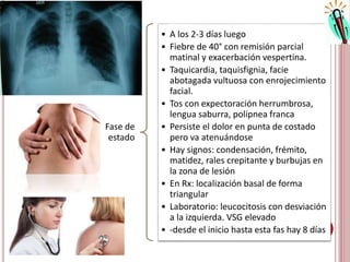 Fase de
estado
• A los 2-3 días luego
• Fiebre de 40° con remisión parcial
matinal y exacerbación vespertina.
• Taquicardia, taquisfignia, facie
abotagada vultuosa con enrojecimiento
facial.
• Tos con expectoración herrumbrosa,
lengua saburra, polipnea franca
• Persiste el dolor en punta de costado
pero va atenuándose
• Hay signos: condensación, frémito,
matidez, rales crepitante y burbujas en
la zona de lesión
• En Rx: localización basal de forma
triangular
• Laboratorio: leucocitosis con desviación
a la izquierda. VSG elevado
• -desde el inicio hasta esta fas hay 8 días
 