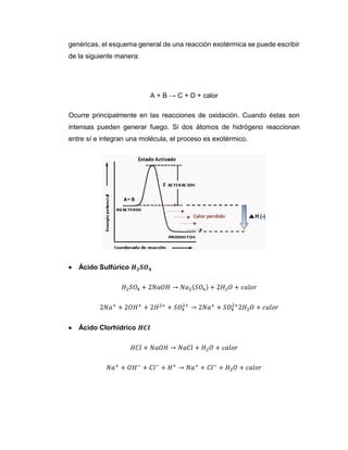 genéricas, el esquema general de una reacción exotérmica se puede escribir
de la siguiente manera:
A + B → C + D + calor
O...