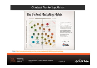 Bron: http://www.smartinsights.com/wp-content/uploads/2012/05/content-matrix.jpg
Content Marketing Matrix
NIMA Workshop: C...