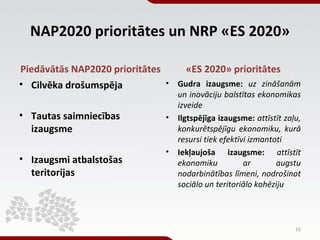 NAP2020 prioritātes un NRP «ES 2020»

Piedāvātās NAP2020 prioritātes     «ES 2020» prioritātes
• Cilvēka drošumspēja      ...