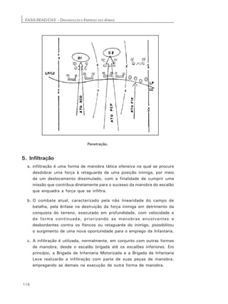 EASA/SEAD/CAS – ORGANIZAÇÃO E EMPREGO DAS ARMAS
116
Penetração.
5. Infiltração
a. infiltração é uma forma de manobra tática ofensiva na qual se procura
desdobrar uma força à retaguarda de uma posição inimiga, por meio
de um deslocamento dissimulado, com a finalidade de cumprir uma
missão que contribua diretamente para o sucesso da manobra do escalão
que enquadra a força que se infiltra.
b. O combate atual, caracterizado pela não linearidade do campo de
batalha, pela ênfase na destruição da força inimiga em detrimento da
conquista do terreno, executado em profundidade, com velocidade e
de forma continuada, priorizando as manobras envolventes e
desbordantes contra os flancos ou retaguarda do inimigo, possibilitou
o surgimento de uma nova oportunidade para o emprego da Infantaria.
c. A infiltração é utilizada, normalmente, em conjunto com outras formas
de manobra, desde o escalão brigada até os escalões inferiores. Em
princípio, a Brigada de Infantaria Motorizada e a Brigada de Infantaria
Leve realizarão a infiltração com parte de suas peças de manobra,
empregando as demais na execução de outra forma de manobra.
 