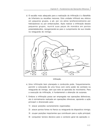 Capítulo 5 – Fundamentos das Operações Ofensivas
117
d. O escalão mais adequado para a realização da infiltração é o Batalhão
de Infantaria ou escalões menores. Esta unidade infiltrará seu efetivo
em pequenos grupos, a pé, por via aérea (preferencialmente por
helicópteros) ou por embarcações. Após realizar a infiltração desses
pequenos grupos, reunirá suas peças de manobra em pontos
preestabelecidos, reorganizando-se para o cumprimento de sua missão
na retaguarda do inimigo.
Infiltração.
e. Uma infiltração bem planejada e conduzida pode, frequentemente,
permitir a colocação de uma força com certo poder de combate na
retaguarda do inimigo, sem que este se aperceba do movimento. Para
a execução da infiltração, é fundamental a obtenção da surpresa.
f. Embora a infiltração possa ser empregada nas operações defensivas,
ela é normalmente realizada em operações ofensivas, apoiando a ação
principal e direcionada para:
1) atacar posições sumariamente organizadas;
2) atacar pontos fortes no flanco ou retaguarda do dispositivo inimigo;
3) ocupar posições importantes que contribuam para a ação principal;
4) conquistar terreno decisivo para o contexto geral da operação; e
 
