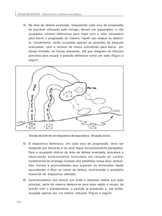EASA/SEAD/CAS – ORGANIZAÇÃO E EMPREGO DAS ARMAS
132
4) Na área de defesa avançada, bloqueando cada eixo de progressão
de provável utilização pelo inimigo, devem ser preparados, e não
ocupados, núcleos defensivos para tropa com o valor necessário
para barrar a progressão do mesmo, repelir seu ataque ou destruí-
lo. Inicialmente, serão ocupadas apenas as posições de bloqueio
avançadas, com o mínimo de meios suficientes para barrar, por
tempo limitado, as forças atacantes, até que cheguem os reforços
previstos para ocupar a posição defensiva como um todo (Figura a
seguir).
Divisão de Exército em dispositivo de expectativa - Situação inicial.
5) O dispositivo defensivo, em cada eixo de progressão, deve ser
integrado por barreiras e ter seus fogos minuciosamente planejados.
Para a ocupação efetiva da área de defesa avançada, prevalece a
observação anteriormente formulada em relação ao caráter
fundamental do emprego modular dos batalhões nessa área; atribuir-
lhes frentes e profundidades que superem as dimensões ideais
equivalentes a diluir os meios da defesa, contrariando o propósito
essencial do dispositivo adotado.
6) Caracterizado(s) o(s) eixo(s) por onde o atacante realiza sua ação
principal, parte da reserva desloca-se para essa região e ocupa, de
acordo com o planejamento, a posição já preparada e, até então,
ocupada apenas por um efetivo reduzido (Figura a seguir).
 