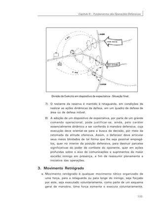 Capítulo 6 – Fundamentos das Operações Defensivas
133
Divisão de Exército em dispositivo de expectativa - Situação final.
7) O restante da reserva é mantido à retaguarda, em condições de
realizar as ações dinâmicas da defesa, em um quadro de defesa de
área ou de defesa móvel.
8) A adoção de um dispositivo de expectativa, por parte de um grande
comando operacional, pode justificar-se, ainda, pelo caráter
essencialmente dinâmico a ser conferido à manobra defensiva, cuja
execução deve orientar-se para a busca da decisão, por meio da
retomada da atitude ofensiva. Assim, o defensor deve articular
seus meios blindados de tal forma que lhe seja possível empregá-
los, quer no interior da posição defensiva, para destruir parcelas
significativas do poder de combate do oponente, quer em ações
profundas sobre o eixo de comunicações e suprimentos do maior
escalão inimigo em presença, a fim de reassumir plenamente a
iniciativa das operações.
3. Movimento Retrógrado
a. Movimento retrógrado é qualquer movimento tático organizado de
uma força, para a retaguarda ou para longe do inimigo, seja forçado
por este, seja executado voluntariamente, como parte de um esquema
geral de manobra. Uma força somente o executa voluntariamente,
 