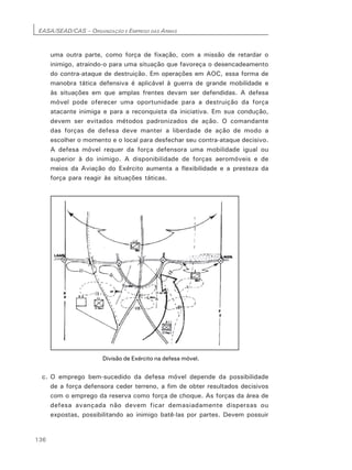 EASA/SEAD/CAS – ORGANIZAÇÃO E EMPREGO DAS ARMAS
136
uma outra parte, como força de fixação, com a missão de retardar o
inimigo, atraindo-o para uma situação que favoreça o desencadeamento
do contra-ataque de destruição. Em operações em AOC, essa forma de
manobra tática defensiva é aplicável à guerra de grande mobilidade e
às situações em que amplas frentes devam ser defendidas. A defesa
móvel pode oferecer uma oportunidade para a destruição da força
atacante inimiga e para a reconquista da iniciativa. Em sua condução,
devem ser evitados métodos padronizados de ação. O comandante
das forças de defesa deve manter a liberdade de ação de modo a
escolher o momento e o local para desfechar seu contra-ataque decisivo.
A defesa móvel requer da força defensora uma mobilidade igual ou
superior à do inimigo. A disponibilidade de forças aeromóveis e de
meios da Aviação do Exército aumenta a flexibilidade e a presteza da
força para reagir às situações táticas.
Divisão de Exército na defesa móvel.
c. O emprego bem-sucedido da defesa móvel depende da possibilidade
de a força defensora ceder terreno, a fim de obter resultados decisivos
com o emprego da reserva como força de choque. As forças da área de
defesa avançada não devem ficar demasiadamente dispersas ou
expostas, possibilitando ao inimigo batê-las por partes. Devem possuir
 