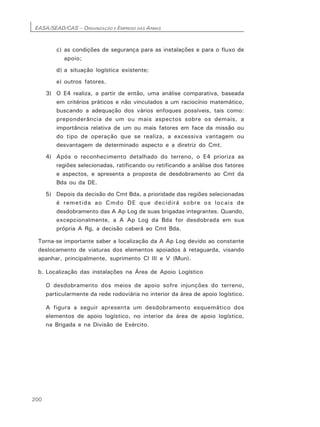 EASA/SEAD/CAS – ORGANIZAÇÃO E EMPREGO DAS ARMAS
200
c) as condições de segurança para as instalações e para o fluxo de
apoio;
d) a situação logística existente;
e) outros fatores.
3) O E4 realiza, a partir de então, uma análise comparativa, baseada
em critérios práticos e não vinculados a um raciocínio matemático,
buscando a adequação dos vários enfoques possíveis, tais como:
preponderância de um ou mais aspectos sobre os demais, a
importância relativa de um ou mais fatores em face da missão ou
do tipo de operação que se realiza, a excessiva vantagem ou
desvantagem de determinado aspecto e a diretriz do Cmt.
4) Após o reconhecimento detalhado do terreno, o E4 prioriza as
regiões selecionadas, ratificando ou retificando a análise dos fatores
e aspectos, e apresenta a proposta de desdobramento ao Cmt da
Bda ou da DE.
5) Depois da decisão do Cmt Bda, a prioridade das regiões selecionadas
é remetida ao Cmdo DE que decidirá sobre os locais de
desdobramento das A Ap Log de suas brigadas integrantes. Quando,
excepcionalmente, a A Ap Log da Bda for desdobrada em sua
própria A Rg, a decisão caberá ao Cmt Bda.
Torna-se importante saber a localização da A Ap Log devido ao constante
deslocamento de viaturas dos elementos apoiados à retaguarda, visando
apanhar, principalmente, suprimento Cl III e V (Mun).
b. Localização das instalações na Área de Apoio Logístico
O desdobramento dos meios de apoio sofre injunções do terreno,
particularmente da rede rodoviária no interior da área de apoio logístico.
A figura a seguir apresenta um desdobramento esquemático dos
elementos de apoio logístico, no interior da área de apoio logístico,
na Brigada e na Divisão de Exército.
 