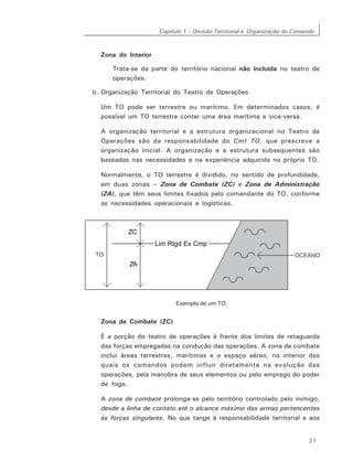 Capítulo 1 – Divisão Territorial e Organização do Comando
21
Zona do Interior
Trata-se da parte do território nacional não incluída no teatro de
operações.
b. Organização Territorial do Teatro de Operações
Um TO pode ser terrestre ou marítimo. Em determinados casos, é
possível um TO terrestre conter uma área marítima e vice-versa.
A organização territorial e a estrutura organizacional no Teatro de
Operações são da responsabilidade do Cmt TO, que prescreve a
organização inicial. A organização e a estrutura subsequentes são
baseadas nas necessidades e na experiência adquirida no próprio TO.
Normalmente, o TO terrestre é dividido, no sentido de profundidade,
em duas zonas – Zona de Combate (ZC) e Zona de Administração
(ZA), que têm seus limites fixados pelo comandante do TO, conforme
as necessidades operacionais e logísticas.
Exemplo de um TO.
Zona de Combate (ZC)
É a porção do teatro de operações à frente dos limites de retaguarda
das forças empregadas na condução das operações. A zona de combate
inclui áreas terrestres, marítimas e o espaço aéreo, no interior dos
quais os comandos podem influir diretamente na evolução das
operações, pela manobra de seus elementos ou pelo emprego do poder
de fogo.
A zona de combate prolonga-se pelo território controlado pelo inimigo,
desde a linha de contato até o alcance máximo das armas pertencentes
às forças singulares. No que tange à responsabilidade territorial e aos
Lim Rtgd Ex Cmp
ZA
ZC
 