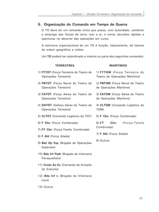 Capítulo 1 – Divisão Territorial e Organização do Comando
23
5. Organização do Comando em Tempo de Guerra
O TO deve ter um comando único que possa, com autoridade, combinar
o emprego das forças de terra, mar e ar, e tomar decisões rápidas e
oportunas no decorrer das operações em curso.
A estrutura organizacional de um TO é função, basicamente, de fatores
de ordem geográfica e militar.
Um TO poderá ter subordinado a maioria ou parte dos seguintes comandos:
TERRESTRES
1) FTTOT (Força Terrestre do Teatro de
Operações Terrestre)
2) FNTOT (Força Naval do Teatro de
Operações Terrestre)
3) FATOT (Força Aérea do Teatro de
Operações Terrestre)
4) DATOT (Defesa Aérea do Teatro de
Operações Terrestre)
5) CLTOT (Comando Logístico do TOT)
6) F Cbn (Força Combinada)
7) FT Cbn (Força-Tarefa Combinada)
8) F Ald (Força Aliada)
9) Bda Op Esp (Brigada de Operações
Especiais)
10) Bda Inf Pqdt (Brigada de Infantaria
Paraquedista)
11) Cmdo Av Ex (Comando de Aviação
do Exército)
12) Bda Inf L (Brigada de Infantaria
Leve)
13) Outros
MARÍTIMOS
1) FTTOM (Força Terrestre do
Teatro de Operações Marítimo)
2) FNTOM (Força Naval do Teatro
de Operações Marítimo)
3) FATOM (Força Aérea do Teatro
de Operações Marítimo)
4) CLTOM (Comando Logístico do
TOM)
5) F Cbn (Força Combinada)
6) FT Cbn (Força-Tarefa
Combinada)
7) F Ald (Força Aliada)
8) Outros
 