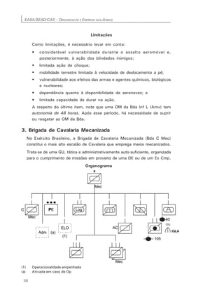 EASA/SEAD/CAS – ORGANIZAÇÃO E EMPREGO DAS ARMAS
36
Limitações
Como limitações, é necessário levar em conta:
• considerável vulnerabilidade durante o assalto aeromóvel e,
posteriormente, à ação dos blindados inimigos;
• limitada ação de choque;
• mobilidade terrestre limitada à velocidade de deslocamento a pé;
• vulnerabilidade aos efeitos das armas e agentes químicos, biológicos
e nucleares;
• dependência quanto à disponibilidade de aeronaves; e
• limitada capacidade de durar na ação.
A respeito do último item, note que uma OM da Bda Inf L (Amv) tem
autonomia de 48 horas. Após esse período, há necessidade de suprir
ou resgatar as OM da Bda.
3. Brigada de Cavalaria Mecanizada
No Exército Brasileiro, a Brigada de Cavalaria Mecanizada (Bda C Mec)
constitui o mais alto escalão de Cavalaria que emprega meios mecanizados.
Trata-se de uma GU, tática e administrativamente auto-suficiente, organizada
para o cumprimento de missões em proveito de uma DE ou de um Ex Cmp.
Organograma
(1) Operacionalidade empenhada
(a) Ativada em caso de Op
 