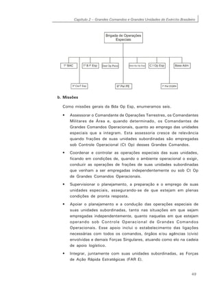 Capítulo 2 – Grandes Comandos e Grandes Unidades do Exército Brasileiro
49
b. Missões
Como missões gerais da Bda Op Esp, enumeramos seis.
• Assessorar o Comandante de Operações Terrestres, os Comandantes
Militares de Área e, quando determinado, os Comandantes de
Grandes Comandos Operacionais, quanto ao emprego das unidades
especiais que a integram. Esta assessoria cresce de relevância
quando frações de suas unidades subordinadas são empregadas
sob Controle Operacional (Ct Op) desses Grandes Comandos.
• Coordenar e controlar as operações especiais das suas unidades,
ficando em condições de, quando o ambiente operacional o exigir,
conduzir as operações de frações de suas unidades subordinadas
que venham a ser empregadas independentemente ou sob Ct Op
de Grandes Comandos Operacionais.
• Supervisionar o planejamento, a preparação e o emprego de suas
unidades especiais, assegurando-se de que estejam em plenas
condições de pronta resposta.
• Apoiar o planejamento e a condução das operações especiais de
suas unidades subordinadas, tanto nas situações em que sejam
empregadas independentemente, quanto naquelas em que estejam
operando sob Controle Operacional de Grandes Comandos
Operacionais. Esse apoio inclui o estabelecimento das ligações
necessárias com todos os comandos, órgãos e/ou agências (civis)
envolvidas e demais Forças Singulares, atuando como elo na cadeia
de apoio logístico.
• Integrar, juntamente com suas unidades subordinadas, as Forças
de Ação Rápida Estratégicas (FAR E).
 
