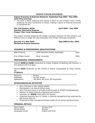 Summer training and projects
Cygnus Economic & Business Research, Hyderabad Aug 2004 - May 2005
(part time/evening)
• The work is about analyzing and making a report on one Industry every month,
analyzing the price movements of stocks, making a report on financial structures
of companies etc.
HCL Info System, Noida April 2004 - July 2004
Summer Internship Program
Project Title: Forex Management.
The project involved analyzing the foreign exchange exposure for the company and
different ways to hedge the risks associated with foreign exchange transaction.
Security 4 U, New Delhi Sept.2000 to Dec. 2002
Worked as Finance Executive
ACADEMIC & PROFESSIONAL QUALIFICATIONS
MBA (Finance) ICFAI Business School, Hyderabad 2005
B.Sc (Physics Hons) Bihar University 2000
PROFESSIONAL ENHANCEMENTS
Cleared JAIIB & CAIIB (conducted by Indian Institute of Banking and Finance) in
first attempt with first class.
Cleared CDCS conducted by IFS, School of finance incorporated by Royal Charter,
UK.
IT SKILLS
Platforms : MS Dos
Databases : MS SQL Server
Applications : MS Word, MS Excel, MS PowerPoint
EXTRACURRICULAR ACTIVITIES
• Won 2’nd prize in inter college debate.
• Participated in all India B-School meet.
• Won 2’nd prize (quiz) in all India B-School meet at GITAM Vishakhapatnam.
• Member of Indian Institute of Banking and Finance.
• Volunteer for ‘SERVE-Youth Effort for Society’.
• Organized Business Quiz in Trishna, a national management fest organized by
IBS during 2003-04.
• Presented on Risk management/trade credits etc at various seminars/meet.
PERSONAL DETAILS
Date of Birth : 30-July-1977
Marital Status : Married
Languages known : English and Hindi
 