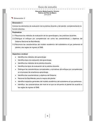 Guía de estudio
Educación Media Superior. Director
Rúbrica del Plan de Mejora
2015-2016
8
 Dimensión 3
Dimensión 3
Conoce los elementos de evaluación de la práctica docente y del plantel, complementando la
función directiva.
Parámetros
3.1.Reconoce los métodos de evaluación de los aprendizajes y las prácticas docentes.
3.2.Distingue el enfoque por competencias así como las características y objetivos del
Sistema Nacional de Bachillerato.
3.3.Reconoce las características del modelo académico del subsistema al que pertenece el
plantel y las reglas de ingreso al SNB.
Aspectos a evaluar
 Identifica los métodos del aprendizaje.
 Identifica tipos de evaluación del aprendizaje.
 Identifica los métodos de la práctica docente.
 Identifica los tipos de evaluación de la práctica docente.
 Distingue las características conceptuales y normativas del enfoque por competencias
en el proceso de enseñanza aprendizaje.
 Identifica las características y objetivos del Sistema.
 Nacional de Bachillerato para la mejora del plantel.
 Identifica aspectos generales del modelo académico del subsistema al que pertenece.
 Identifica las características del nivel en el que se encuentra el plantel de acuerdo a
las reglas de ingreso al SNB.
 
 