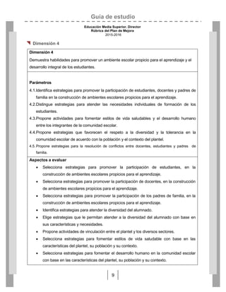 Guía de estudio
Educación Media Superior. Director
Rúbrica del Plan de Mejora
2015-2016
9
 Dimensión 4
Dimensión 4
Demuestra habilidades para promover un ambiente escolar propicio para el aprendizaje y el
desarrollo integral de los estudiantes.
Parámetros
4.1.Identifica estrategias para promover la participación de estudiantes, docentes y padres de
familia en la construcción de ambientes escolares propicios para el aprendizaje.
4.2.Distingue estrategias para atender las necesidades individuales de formación de los
estudiantes.
4.3.Propone actividades para fomentar estilos de vida saludables y el desarrollo humano
entre los integrantes de la comunidad escolar.
4.4.Propone estrategias que favorecen el respeto a la diversidad y la tolerancia en la
comunidad escolar de acuerdo con la población y el contexto del plantel.
4.5. Propone estrategias para la resolución de conflictos entre docentes, estudiantes y padres de
familia.
Aspectos a evaluar
 Selecciona estrategias para promover la participación de estudiantes, en la
construcción de ambientes escolares propicios para el aprendizaje.
 Selecciona estrategias para promover la participación de docentes, en la construcción
de ambientes escolares propicios para el aprendizaje.
 Selecciona estrategias para promover la participación de los padres de familia, en la
construcción de ambientes escolares propicios para el aprendizaje.
 Identifica estrategias para atender la diversidad del alumnado.
 Elige estrategias que le permitan atender a la diversidad del alumnado con base en
sus características y necesidades.
 Propone actividades de vinculación entre el plantel y los diversos sectores.
 Selecciona estrategias para fomentar estilos de vida saludable con base en las
características del plantel, su población y su contexto.
 Selecciona estrategias para fomentar el desarrollo humano en la comunidad escolar
con base en las características del plantel, su población y su contexto.
 