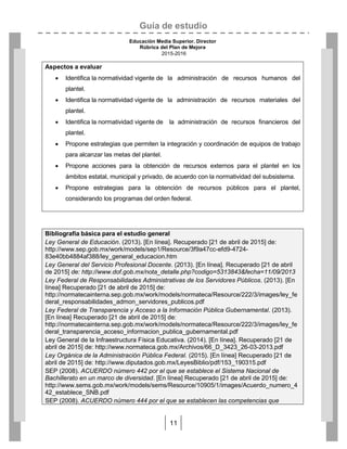 Guía de estudio
Educación Media Superior. Director
Rúbrica del Plan de Mejora
2015-2016
11
Bibliografía básica para el estudio general
Ley General de Educación. (2013). [En línea]. Recuperado [21 de abril de 2015] de:
http://www.sep.gob.mx/work/models/sep1/Resource/3f9a47cc-efd9-4724-
83e40bb4884af388/ley_general_educacion.htm
Ley General del Servicio Profesional Docente. (2013). [En línea]. Recuperado [21 de abril
de 2015] de: http://www.dof.gob.mx/nota_detalle.php?codigo=5313843&fecha=11/09/2013
Ley Federal de Responsabilidades Administrativas de los Servidores Públicos. (2013). [En
línea] Recuperado [21 de abril de 2015] de:
http://normatecainterna.sep.gob.mx/work/models/normateca/Resource/222/3/images/ley_fe
deral_responsabilidades_admon_servidores_publicos.pdf
Ley Federal de Transparencia y Acceso a la Información Pública Gubernamental. (2013).
[En línea] Recuperado [21 de abril de 2015] de:
http://normatecainterna.sep.gob.mx/work/models/normateca/Resource/222/3/images/ley_fe
deral_transparencia_acceso_informacion_publica_gubernamental.pdf
Ley General de la Infraestructura Física Educativa. (2014). [En línea]. Recuperado [21 de
abril de 2015] de: http://www.normateca.gob.mx/Archivos/66_D_3423_26-03-2013.pdf
Ley Orgánica de la Administración Pública Federal. (2015). [En línea] Recuperado [21 de
abril de 2015] de: http://www.diputados.gob.mx/LeyesBiblio/pdf/153_190315.pdf
SEP (2008). ACUERDO número 442 por el que se establece el Sistema Nacional de
Bachillerato en un marco de diversidad. [En línea] Recuperado [21 de abril de 2015] de:
http://www.sems.gob.mx/work/models/sems/Resource/10905/1/images/Acuerdo_numero_4
42_establece_SNB.pdf
SEP (2008). ACUERDO número 444 por el que se establecen las competencias que
Aspectos a evaluar
 Identifica la normatividad vigente de la administración de recursos humanos del
plantel.
 Identifica la normatividad vigente de la administración de recursos materiales del
plantel.
 Identifica la normatividad vigente de la administración de recursos financieros del
plantel.
 Propone estrategias que permiten la integración y coordinación de equipos de trabajo
para alcanzar las metas del plantel.
 Propone acciones para la obtención de recursos externos para el plantel en los
ámbitos estatal, municipal y privado, de acuerdo con la normatividad del subsistema.
 Propone estrategias para la obtención de recursos públicos para el plantel,
considerando los programas del orden federal.
 