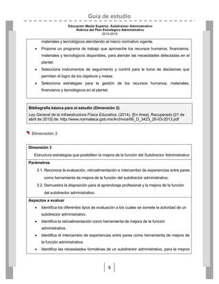 Guía de estudio
Educación Media Superior. Subdirector Administrativo
Rúbrica del Plan Estratégico Administrativo
2015-2016
8
materiales y tecnológicos atendiendo al marco normativo vigente.
 Propone un programa de trabajo que aproveche los recursos humanos, financieros,
materiales y tecnológicos disponibles, para atender las necesidades detectadas en el
plantel.
 Selecciona instrumentos de seguimiento y control para la toma de decisiones que
permitan el logro de los objetivos y metas.
 Selecciona estrategias para la gestión de los recursos humanos, materiales,
financieros y tecnológicos en el plantel.
 Dimensión 3
Dimensión 3
Estructura estrategias que posibiliten la mejora de la función del Subdirector Administrativo
Parámetros
3.1. Reconoce la evaluación, retroalimentación e intercambio de experiencias entre pares
como herramienta de mejora de la función del subdirector administrativo.
3.2. Demuestra la disposición para el aprendizaje profesional y la mejora de la función
del subdirector administrativo.
Aspectos a evaluar
 Identifica los diferentes tipos de evaluación a los cuales se somete la actividad de un
subdirector administrativo.
 Identifica la retroalimentación como herramienta de mejora de la función
administrativa.
 Identifica el intercambio de experiencias entre pares como herramienta de mejora de
la función administrativa.
 Identifica las necesidades formativas de un subdirector administrativo, para la mejora
Bibliografía básica para el estudio (Dimensión 2)
Ley General de la Infraestructura Física Educativa. (2014). [En línea]. Recuperado [21 de
abril de 2015] de: http://www.normateca.gob.mx/Archivos/66_D_3423_26-03-2013.pdf
 