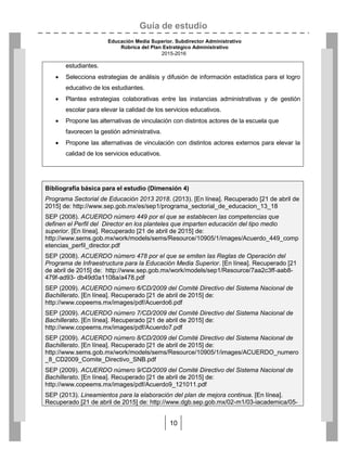 Guía de estudio
Educación Media Superior. Subdirector Administrativo
Rúbrica del Plan Estratégico Administrativo
2015-2016
10
estudiantes.
 Selecciona estrategias de análisis y difusión de información estadística para el logro
educativo de los estudiantes.
 Plantea estrategias colaborativas entre las instancias administrativas y de gestión
escolar para elevar la calidad de los servicios educativos.
 Propone las alternativas de vinculación con distintos actores de la escuela que
favorecen la gestión administrativa.
 Propone las alternativas de vinculación con distintos actores externos para elevar la
calidad de los servicios educativos.
Bibliografía básica para el estudio (Dimensión 4)
Programa Sectorial de Educación 2013 2018. (2013). [En línea]. Recuperado [21 de abril de
2015] de: http://www.sep.gob.mx/es/sep1/programa_sectorial_de_educacion_13_18
SEP (2008). ACUERDO número 449 por el que se establecen las competencias que
definen el Perfil del Director en los planteles que imparten educación del tipo medio
superior. [En línea]. Recuperado [21 de abril de 2015] de:
http://www.sems.gob.mx/work/models/sems/Resource/10905/1/images/Acuerdo_449_comp
etencias_perfil_director.pdf
SEP (2008). ACUERDO número 478 por el que se emiten las Reglas de Operación del
Programa de Infraestructura para la Educación Media Superior. [En línea]. Recuperado [21
de abril de 2015] de: http://www.sep.gob.mx/work/models/sep1/Resource/7aa2c3ff-aab8-
479f-ad93- db49d0a1108a/a478.pdf
SEP (2009). ACUERDO número 6/CD/2009 del Comité Directivo del Sistema Nacional de
Bachillerato. [En línea]. Recuperado [21 de abril de 2015] de:
http://www.copeems.mx/images/pdf/Acuerdo6.pdf
SEP (2009). ACUERDO número 7/CD/2009 del Comité Directivo del Sistema Nacional de
Bachillerato. [En línea]. Recuperado [21 de abril de 2015] de:
http://www.copeems.mx/images/pdf/Acuerdo7.pdf
SEP (2009). ACUERDO número 8/CD/2009 del Comité Directivo del Sistema Nacional de
Bachillerato. [En línea]. Recuperado [21 de abril de 2015] de:
http://www.sems.gob.mx/work/models/sems/Resource/10905/1/images/ACUERDO_numero
_8_CD2009_Comite_Directivo_SNB.pdf
SEP (2009). ACUERDO número 9/CD/2009 del Comité Directivo del Sistema Nacional de
Bachillerato. [En línea]. Recuperado [21 de abril de 2015] de:
http://www.copeems.mx/images/pdf/Acuerdo9_121011.pdf
SEP (2013). Lineamientos para la elaboración del plan de mejora continua. [En línea].
Recuperado [21 de abril de 2015] de: http://www.dgb.sep.gob.mx/02-m1/03-iacademica/05-
 