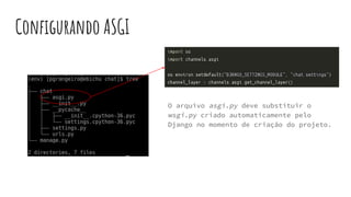 Configurando ASGI
O arquivo asgi.py deve substituir o
wsgi.py criado automaticamente pelo
Django no momento de criação do projeto.
 