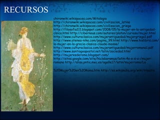 RECURSOS               chironwiki.wikispaces.com/Mitologia http://chironwiki.wikispaces.com/civilizacion_latina http://chironwiki.wikispaces.com/civilizacion_griega http://filosofia111.blogspot.com/2008/05/la-mujer-en-la-antigedad-clsica.html http://cibernous.com/autores/platon/curioso/mujer.html http://www.culturaclasica.com/mujerantiguedad/mujergriega1.pdf http://www.atenea-nike.com/pagina_99.html http://www.hislibris.com/la-mujer-en-la-grecia-clasica-claude-mosse/ http://www.culturaclasica.com/mujerantiguedad/mujerromana1.pdf http://www.santiagoapostol.net/latin/sociedad.html http://mujeresderoma.blogspot.com/ http://sites.google.com/site/hiclaboramus/latin-4o-e-s-o-/mujer-romana http://aliso.pntic.mec.es/agalle17/latin/mujerroma/La%20Mujer%20en%20Roma.htm http://es.wikipedia.org/wiki/Hipatia       