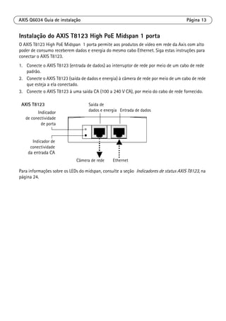 AXIS Q6034 Guia de instalação Página 13
Instalação do AXIS T8123 High PoE Midspan 1 porta
O AXIS T8123 High PoE Midspan 1 porta permite aos produtos de vídeo em rede da Axis com alto
poder de consumo receberem dados e energia do mesmo cabo Ethernet. Siga estas instruções para
conectar o AXIS T8123.
1. Conecte o AXIS T8123 (entrada de dados) ao interruptor de rede por meio de um cabo de rede
padrão.
2. Conecte o AXIS T8123 (saída de dados e energia) à câmera de rede por meio de um cabo de rede
que esteja a ela conectado.
3. Conecte o AXIS T8123 à uma saída CA (100 a 240 V CA), por meio do cabo de rede fornecido.
Para informações sobre os LEDs do midspan, consulte a seção Indicadores de status AXIS T8123, na
página 24.
Saída de
dados e energia Entrada de dados
Indicador
Indicador de
conectividade
da entrada CA
de conectividade
de porta
Câmera de rede Ethernet
AXIS T8123
 
