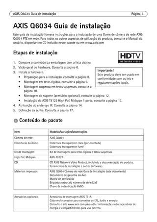 AXIS Q6034 Guia de instalação Página 5
AXIS Q6034 Guia de instalação
Este guia de instalação fornece instruções para a instalação de uma Dome de câmera de rede AXIS
Q6034 PTZ em rede. Para todos os outros aspectos de utilização do produto, consulte o Manual do
usuário, disponível no CD incluído nesse pacote ou em www.axis.com
Etapas de instalação
1. Compare o conteúdo da embalagem com a lista abaixo.
2. Visão geral do hardware. Consulte a página 6.
3. Instale o hardware.
• Preparação para a instalação, consulte a página 8.
• Montagem em tetos rígidos, consulte a página 9.
• Montagem suspensa em tetos suspensos, consulte a
página 10.
• Montagem do suporte (acessório opcional), consulte a página 12.
• Instalação do AXIS T8123 High PoE Midspan 1 porta, consulte a página 13.
4. Atribuição do endereço IP. Consulte a página 14.
5. Definição da senha. Consulte a página 17.
Conteúdo do pacote
Item Modelos/variações/observações
Câmera de rede AXIS Q6034
Coberturas do dome Cobertura transparente clara (pré-montada)
Cobertura transparente fumê
Kit de montagem Kit de montagem para tetos rígidos e tetos suspensos
High PoE Midspan AXIS T8123
CD CD AXIS Network Video Product, incluindo a documentação do produto,
ferramentas de instalação e outros softwares
Materiais impressos AXIS Q6034 Câmera de rede Guia de instalação (este documento)
Documento de garantia da Axis
Matriz de perfuração
Etiquetas extras do número de série (2x)
Chave de autenticação AVHS
Acessórios opcionais Acessórios de montagem AXIS T91A
Cabo multiconector para conexões de E/S, áudio e energia
Consulte o site www.axis.com para obter informações sobre acessórios de
energia e compartimentos para uso externo
Importante!
Este produto deve ser usado em
conformidade com as leis e
regulamentações locais.
 