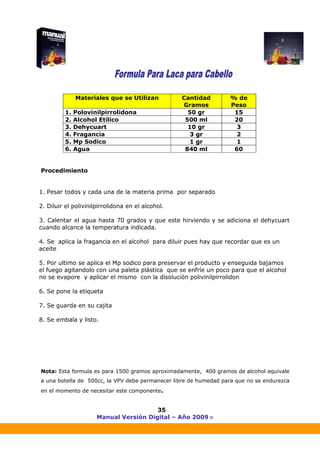 Manual Versión Digital – Año 2009 ®
35
Materiales que se Utilizan Cantidad
Gramos
% de
Peso
1. Polovinilpirrolidona 50 gr 15
2. Alcohol Etílico 500 ml 20
3. Dehycuart 10 gr 3
4. Fragancia 3 gr 2
5. Mp Sodico 1 gr 1
6. Agua 840 ml 60
Procedimiento
1. Pesar todos y cada una de la materia prima por separado
2. Diluir el polivinilpirrolidona en el alcohol.
3. Calentar el agua hasta 70 grados y que este hirviendo y se adiciona el dehycuart
cuando alcance la temperatura indicada.
4. Se aplica la fragancia en el alcohol para diluir pues hay que recordar que es un
aceite
5. Por ultimo se aplica el Mp sodico para preservar el producto y enseguida bajamos
el fuego agitandolo con una paleta plástica que se enfríe un poco para que el alcohol
no se evapore y aplicar el mismo con la disolución polivinilpirrolidon
6. Se pone la etiqueta
7. Se guarda en su cajita
8. Se embala y listo.
Nota: Esta formula es para 1500 gramos aproximadamente, 400 gramos de alcohol equivale
a una botella de 500cc, la VPV debe permanecer libre de humedad para que no se endurezca
en el momento de necesitar este componente.
 