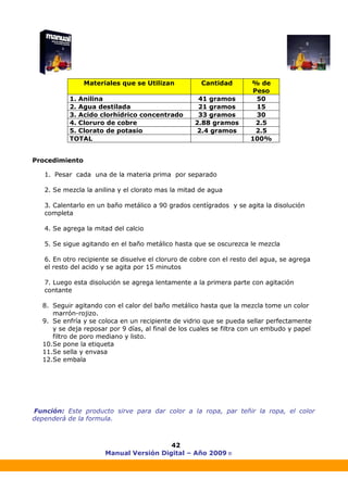 Manual Versión Digital – Año 2009 ®
42
Procedimiento
1. Pesar cada una de la materia prima por separado
2. Se mezcla la anilina y el clorato mas la mitad de agua
3. Calentarlo en un baño metálico a 90 grados centígrados y se agita la disolución
completa
4. Se agrega la mitad del calcio
5. Se sigue agitando en el baño metálico hasta que se oscurezca le mezcla
6. En otro recipiente se disuelve el cloruro de cobre con el resto del agua, se agrega
el resto del acido y se agita por 15 minutos
7. Luego esta disolución se agrega lentamente a la primera parte con agitación
contante
8. Seguir agitando con el calor del baño metálico hasta que la mezcla tome un color
marrón-rojizo.
9. Se enfría y se coloca en un recipiente de vidrio que se pueda sellar perfectamente
y se deja reposar por 9 días, al final de los cuales se filtra con un embudo y papel
filtro de poro mediano y listo.
10.Se pone la etiqueta
11.Se sella y envasa
12.Se embala
Función: Este producto sirve para dar color a la ropa, par teñir la ropa, el color
dependerá de la formula.
Materiales que se Utilizan Cantidad % de
Peso
1. Anilina 41 gramos 50
2. Agua destilada 21 gramos 15
3. Acido clorhídrico concentrado 33 gramos 30
4. Cloruro de cobre 2.88 gramos 2.5
5. Clorato de potasio 2.4 gramos 2.5
TOTAL 100%
 