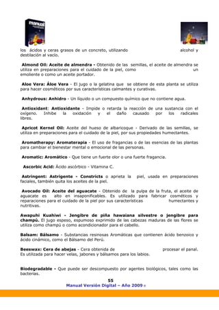 Manual Versión Digital – Año 2009 ®
55
los ácidos y ceras grasos de un concreto, utilizando alcohol y
destilación al vacío.
Almond Oil: Aceite de almendra - Obtenido de las semillas, el aceite de almendra se
utiliza en preparaciones para el cuidado de la piel, como un
emoliente o como un aceite portador.
Aloe Vera: Áloe Vera - El jugo o la gelatina que se obtiene de esta planta se utiliza
para hacer cosméticos por sus características calmantes y curativas.
Anhydrous: Anhidro - Un líquido o un compuesto químico que no contiene agua.
Antioxidant: Antioxidante - Impide o retarda la reacción de una sustancia con el
oxígeno. Inhibe la oxidación y el daño causado por los radicales
libres.
Apricot Kernel Oil: Aceite del hueso de albaricoque - Derivado de las semillas, se
utiliza en preparaciones para el cuidado de la piel, por sus propiedades humectantes.
Aromatherapy: Aromaterapia - El uso de fragancias o de las esencias de las plantas
para cambiar el bienestar mental o emocional de las personas.
Aromatic: Aromático - Que tiene un fuerte olor o una fuerte fragancia.
Ascorbic Acid: Ácido ascórbico - Vitamina C.
Astringent: Astrigente - Constricts o aprieta la piel, usada en preparaciones
faciales, también quita los aceites de la piel.
Avocado Oil: Aceite del aguacate - Obtenido de la pulpa de la fruta, el aceite de
aguacate es alto en insaponificables. Es utilizado para fabricar cosméticos y
reparaciones para el cuidado de la piel por sus características humectantes y
nutritivas.
Awapuhi Kuahiwi - Jengibre de piña hawaiana silvestre o jengibre para
champú. El jugo espeso, espumoso exprimido de las cabezas maduras de las flores se
utiliza como champú o como acondicionador para el cabello.
Balsam: Bálsamo - Substancias resinosas Aromáticas que contienen ácido benzoico y
ácido cinámico, como el Bálsamo del Perú.
Beeswax: Cera de abejas - Cera obtenida de procesar el panal.
Es utilizada para hacer velas, jabones y bálsamos para los labios.
Biodegradable - Que puede ser descompuesto por agentes biológicos, tales como las
bacterias.
 