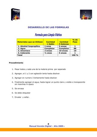 Manual Versión Digital – Año 2009 ®
8
DESARROLLO DE LAS FORMULAS
Materiales que se Utilizan Cantidad
1 Galón
Cantidad
5 Galones
% de
Peso
1. Alcohol Izopropílico 1 onza 5 onzas 1
2. Agua Completar Completar 88
3. Amoníaco 2 onzas 10 onzas 10
4. Colorante ½ onza 5 onzas 1
Total 100 %
Procedimiento
1. Pesar todos y cada una de la materia prima por separado
2. Agregar; el 1 y 2 con agitación lenta hasta disolver
3. Agregar en numero 3 lentamente hasta disolver
4. Finalmente agregar el agua, hasta lograr un punto claro y visible o transparente
sin manchas ni opaco
5. Se envasa
6. Se debe etiquetar
7. Envalar y sellar.
 