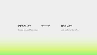 Explain product features…
Product
… as customer bene
fi
ts.
Market
 