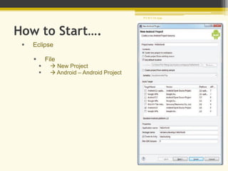 How to Start….
 Eclipse
 File
  New Project
  Android – Android Project
P U R V I K 1239
 