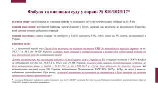 Фабула та висновки суду у справі № 810/1023/17*
підстава спору: застосування до платника штрафу за неподання звіту про контрольовані операції за 2015 рік
позиція податкової: контрагент платника зареєстрований у Грузії, державі, що включена до відповідного Переліку,
який діяв на момент здійснення операцій
позиція платника: ставка податку на прибуток у Грузії становить 15%, тобто лише на 3% нижче, встановленої в
Україні
висновок судів:
«…у зазначений період часу Грузія була включена на підставі постанов КМУ до відповідного переліку держав за пп.
39.2.1.1 п. 39.2 ст. 39 ПК України, а отже, такі операції є контрольованими і позивач був зобов'язаний подати по
ним відповідний звіт до податкового органу
Доводи апелянта про те, що ставки податку в Грузії нижче, ніж в Україні на 3% і операції позивача з ООО «Альфа»
не підпадають під дію пп. 39.2.1.2 п. 39.2.1 ст. 39 ПК України, колегія суддів вважає безпідставними, оскільки, як
було встановлено вище, у період з 01.01.2015 р. по 15.09.2015 р. Грузія була віднесена до переліку держав, які
відповідають вказаній нормі ПК України, відповідними Постановами КМУ №№ 1042-р, 449-р, як того і вимагає
податкове законодавство. При цьому, зазначені постанови незаконними не визнавалися і були чинними на момент
виникнення спірних правовідносин»
* - постанова Київського окружного адміністративного суду від 14.04.2017, залишена без змін ухвалою Київського апеляційного адміністративного суду від
21.06.2017, відкрито касаційне провадження
 