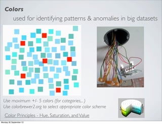 used for identifying patterns & anomalies in big datasets
Colors
Color Principles - Hue, Saturation, andValue
Use maximum +/- 5 colors (for categories,.. )
Use colorbrewer2.org to select appropriate color scheme
Monday 30 September 13
 