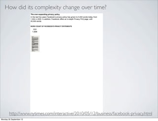How did its complexity change over time?
http://www.nytimes.com/interactive/2010/05/12/business/facebook-privacy.html
Monday 30 September 13
 