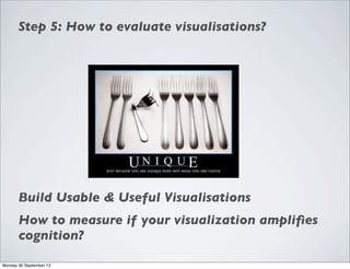Build Usable & Useful Visualisations
Step 5: How to evaluate visualisations?
How to measure if your visualization ampliﬁes
cognition?
Monday 30 September 13
 
