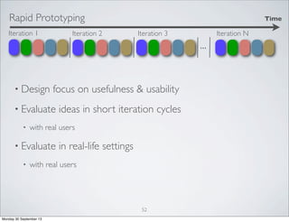 TimeRapid Prototyping
Iteration 1
...
Iteration 2 Iteration 3 Iteration N
• Design focus on usefulness & usability
• Evaluate ideas in short iteration cycles
• with real users
• Evaluate in real-life settings
• with real users
52
Monday 30 September 13
 