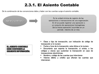 2.3.1. El Asiento Contable
De la combinación de las convenciones debe y haber con las cuentas surge el asiento contable.
ASIENTO CONTABLE
Es la unidad mínima de registro de las
operaciones o transacciones de una organización.
En él se puede registrar una operación o
un conjunto de operaciones homogéneas
(de la misma operación) ocurridas en un
período máximo de un mes.
 Clase o tipo de transacción, con indicación de código de
transacción si lo tuviere
 Fecha y hora de la transacción, esta última si la tuviere
 Documento que soporta la transacción, si existe, o los
códigos y claves que sustentan la transacción en caso de
transacciones electrónicas.
 Nombre y código de las cuentas que intervienen
 Valores débito y crédito que afectan las cuentas que
intervienen
EL ASIENTO CONTABLE
DEBE CONTENER LA
SIGUIENTE INFORMACIÓN:
 