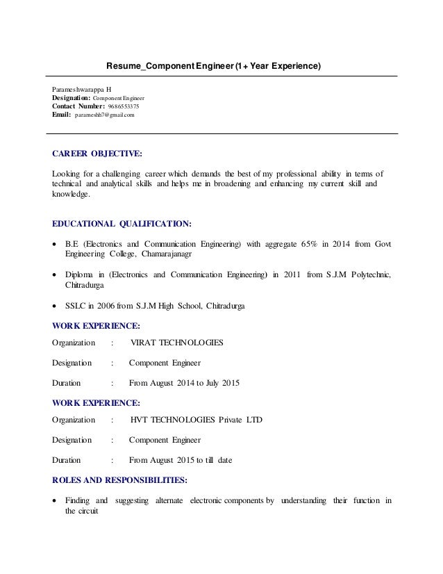 Resume Component Engineer 1 Year Experience - Resumecomponentengineer1yearexperience 1 638 
