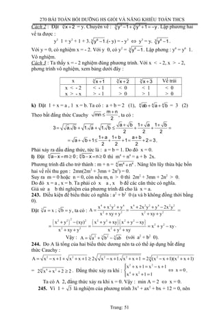 270 BÀI TOÁN BỒI DƯỠNG HS GIỎI VÀ NĂNG KHIẾU TOÁN THCS
Cách 2 : Đặt 3
x 2+ = y. Chuyển vế : 3 33 3
y 1 y 1 y− + + = − . Lập phương hai
vế ta được :
y3
1 + y3
+ 1 + 3. 63
y 1− .(- y) = - y3
⇔ y3
= y. 63
y 1− .
Với y = 0, có nghiệm x = - 2. Với y 0, có y2
= 63
y 1− . Lập phơng : y6
= y6
1.
Vô nghiệm.
Cách 3 : Ta thấy x = - 2 nghiệm đúng phương trình. Với x < - 2, x > - 2,
phơng trình vô nghiệm, xem bảng dưới đây :
x 3
x 1+ 3
x 2+ 3
x 3+ Vế trái
x < - 2
x > - x
< - 1
> - 1
< 0
> 0
< 1
> 1
< 0
> 0
k) Đặt 1 + x = a , 1 x = b. Ta có : a + b = 2 (1), 4 4 4
ab a b+ + = 3 (2)
Theo bất đẳng thức Cauchy
m n
mn
2
+
≤ , ta có :
a b 1 a 1 b
3 a. b 1. a 1. b
2 2 2
+ + +
= + + ≤ + + =
1 a 1 b a b
a b 1 1 2 3
2 2 2
+ + +
= + + ≤ + + = + = .
Phải xảy ra dấu đẳng thức, tức là : a = b = 1. Do đó x = 0.
l) Đặt 4 4
a x m 0 ; b x n 0− = ≥ − = ≥ thì m4
+ n4
= a + b 2x.
Phương trình đã cho trở thành : m + n = 4 44
m n+ . Nâng lên lũy thừa bậc bốn
hai vế rồi thu gọn : 2mn(2m2
+ 3mn + 2n2
) = 0.
Suy ra m = 0 hoặc n = 0, còn nếu m, n > 0 thì 2m2
+ 3mn + 2n2
> 0.
Do đó x = a , x = b. Ta phải có x a , x b để các căn thức có nghĩa.
Giả sử a b thì nghiệm của phương trình đã cho là x = a.
243. Điều kiện để biểu thức có nghĩa : a2
+ b2
0 (a và b không đồng thời bằng
0).
Đặt 3 3
a x ; b y= = , ta có :
4 2 2 4 4 2 2 4 2 2
2 2 2 2
x x y y x 2x y y 2x y
A
x xy y x xy y
+ + + + −
= =
+ + + +
=
( ) ( )( )
22 2 2 2 2 2 2
2 2
2 2 2 2
x y (xy) x y xy x y xy
x y xy
x xy y x y xy
+ − + + + −
= = = + −
+ + + +
.
Vậy : 2 23 3 3
A a b ab= + − (với a2
+ b2
0).
244. Do A là tổng của hai biểu thức dương nên ta có thể áp dụng bất đẳng
thức Cauchy :
2 2 2 2 2 24
A x x 1 x x 1 2 x x 1. x x 1 2 (x x 1)(x x 1)= − + + + + ≥ − + + + = − + + +
= 4 24
2 x x 2 2+ + ≥ . Đẳng thức xảy ra khi :
2 2
4 2
x x 1 x x 1
x 0
x x 1 1
 + + = − +
⇔ =
+ + =
.
Ta có A 2, đẳng thức xảy ra khi x = 0. Vậy : min A = 2 ⇔ x = 0.
245. Vì 1 + 3 là nghiệm của phương trình 3x3
+ ax2
+ bx + 12 = 0, nên
Trang: 51
 