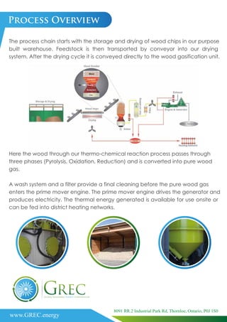 The process chain starts with the storage and drying of wood chips in our purpose
built warehouse. Feedstock is then transported by conveyor into our drying
system. After the drying cycle it is conveyed directly to the wood gasification unit.
Process Overview
Here the wood through our thermo-chemical reaction process passes through
three phases (Pyrolysis, Oxidation, Reduction) and is converted into pure wood
gas.
A wash system and a filter provide a final cleaning before the pure wood gas
enters the prime mover engine. The prime mover engine drives the generator and
produces electricity. The thermal energy generated is available for use onsite or
can be fed into district heating networks.
www.GREC.energy
8091 RR.2 Industrial Park Rd, Thornloe, Ontario, P0J 1S0
 